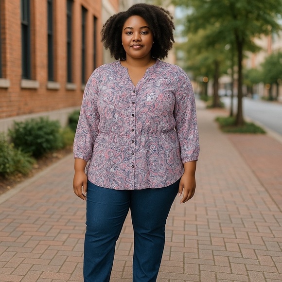 Terra & Sky Women’s 2X (20W-22W) Paisley Print Long Sleeve Button Up V-Neck Top - Picture 1 of 8